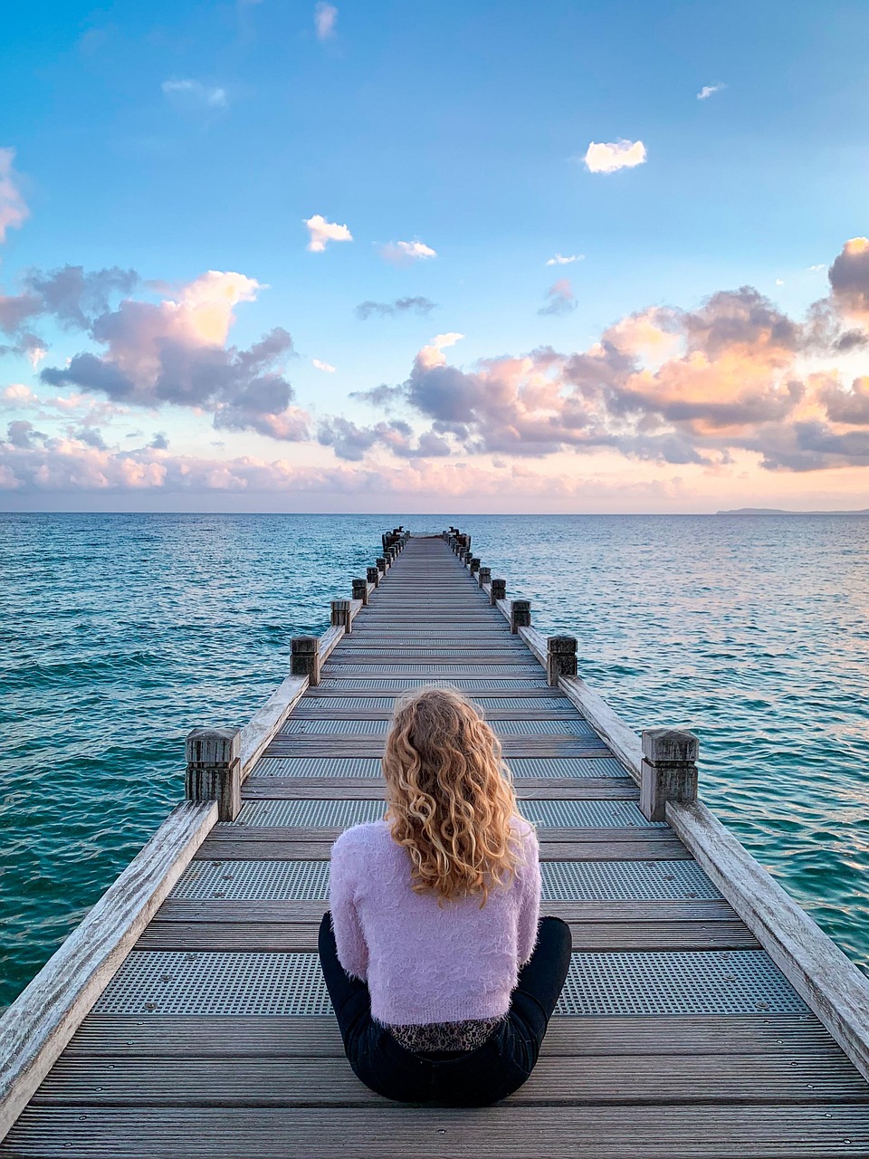 Photo by Renan_Brun woman, sit, boardwalk, jetty, pier, sea, ocean, clouds, perspective, horizon, sky, seascape, blonde woman, sitting, wooden planks, walkway, alone, solitude, solitary, meditation, relaxation, zen, nature, calm, meditation, meditation, meditation, meditation, meditation